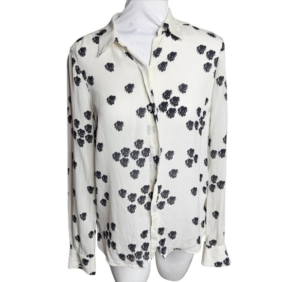 ALC FALLING IRIS  long sleeve silk top small white black flowers - Picture 2 of 8